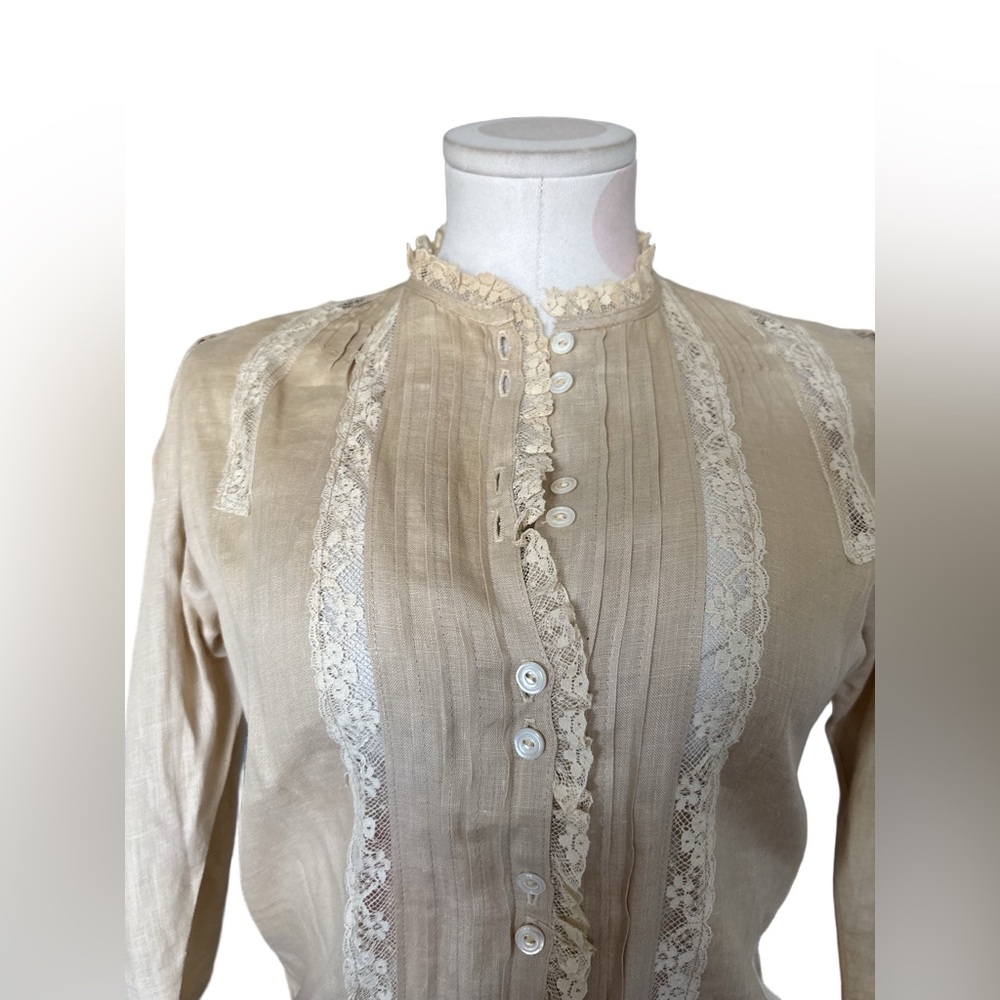 Victorian Prairie Cottagecore Linen Lace Blouse – Beige – S - Picture 8 of 11